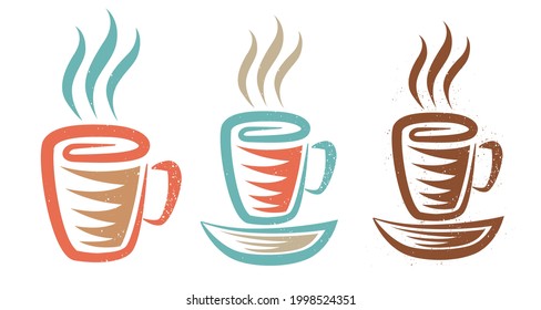 Vector illustration of a cup with coffee or tea in retro style. Vintage logo of hot drink for cafe. Vector icon of coffee or tea mug with plate.