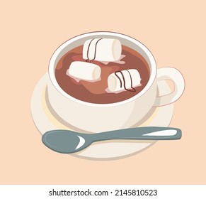 Vector illustration of a cup of coffee, tea, on a beige isolated background. A white cup with a spoon and a plate of hot chocolate with marshmallow. Suitable for a poster in a cafe or advertising