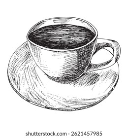 Vector illustration with a cup of coffee or tea on a white saucer. Can be used on fabrics and paper products and other.
