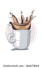 Vector illustration: cup of coffee or tea with splashes on light background. doodle and sketch style. concept for the restaurant menu