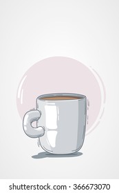 vector illustration cup coffee or tea. light background, pink circle. doodle, cartoon, sketch style. concept for restaurant menu, morning. composition of one object and background