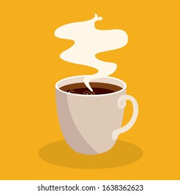 Vector illustration of a cup of coffee. white cup with yellow background.