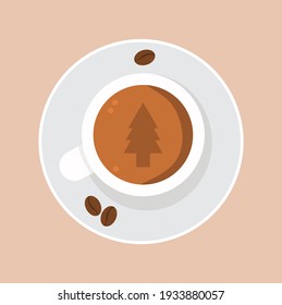 Vector illustration of a cup of coffee with a white plate surrounded by coffee beans with top view, tree sign, perfect for coffee product advertisements