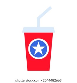 Vector illustration of a cup with a cover and a straw from the collection of American flag-themed icons. A celebration of American culture and identity. Independence Day celebrations, a decorative