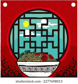 Vector Illustration of a Cup of Delicious Ramen Noodle with Asian Style Ethnic  Window showing Sky, Cloud and Sun as Background Suitable for Logo, Signboard or Print