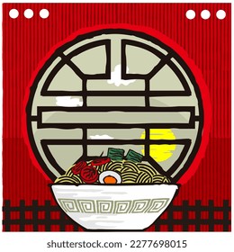 Vector Illustration of a Cup of Delicious Ramen Noodle with Asian Style Ethnic  Window showing Sky, Cloud and Sun as Background Suitable for Logo, Signboard or Print