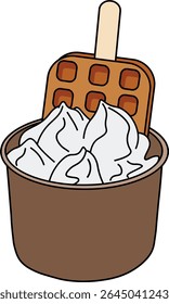 Vector illustration of a cup filled with sweet creamy soft serve ice cream, topped with a delicious waffle on stick