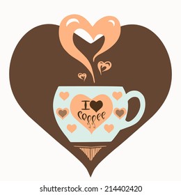 Vector illustration with cup of flavored coffee with hearts and text.Cafe emblem icon. Love coffee concept. 