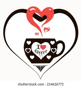 Vector illustration with cup of flavored coffee with hearts and text.Cafe emblem icon. Love coffee concept. 