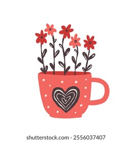 vector illustration of cup with flowers and heart, naive flat style