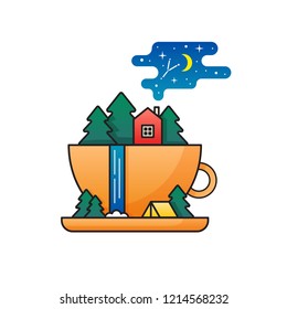 Vector illustration of cup with forest, home, trees, waterfall, tent. Flat illustration for cards, invitation, poster, banner, fashion printing. Hygge concept for traveling or hiking.