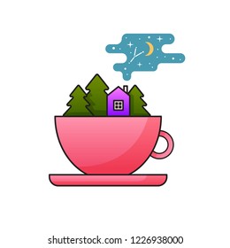 Vector illustration of cup with forest, home, trees, waterfall, tent. Flat illustration for cards, invitation, poster, banner, fashion printing. Hygge concept for traveling or hiking.