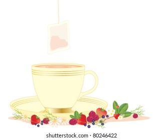 vector illustration of a cup of fruit tea on a saucer with a tea bag surrounded by mixed fresh fruit on white in eps 10 format