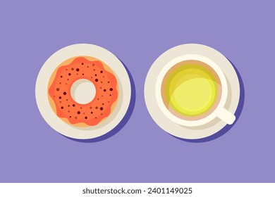Vector illustration of a cup of green tea and orange donut with chocolate chips. Top view of a table in a cafe. Breakfast, tea break, sweet snack. Warm season in autumn. Hot tea with soul.