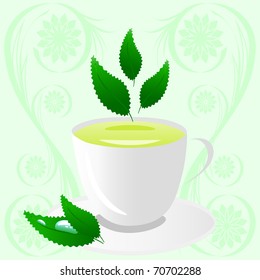 vector illustration of a cup of green tea with leaves