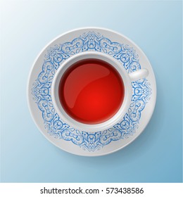  Vector illustration with a Cup and hand drawn tea doodles on a saucer and background