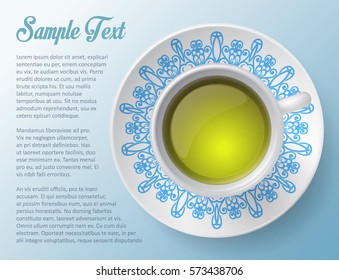 Vector illustration with a Cup and hand drawn tea doodles on a saucer and background