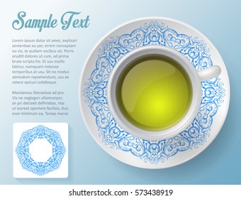  Vector illustration with a Cup and hand drawn tea doodles on a saucer and background