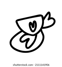 Ilustración vectorial de una taza con corazones para el Día de San Valentín con una línea negra en un fondo aislado.Imagen simple, festiva al estilo de doodle.Diseño para tarjetas, pegatinas, afiches, web, empaque.