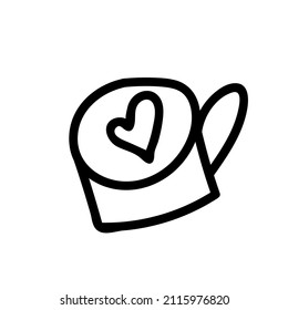 Vector illustration of a cup with hearts for Valentine's Day with a black line on an isolated background.Single,simple,festive picture in doodle style.Design for cards,stickers,posters,web,packaging.