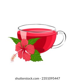 Vector illustration, a cup of hibiscus tea, with hibiscus flowers and leaves, isolated on white background.