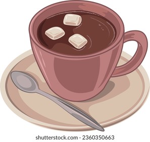 vectorial Ilustración de una taza de chocolate caliente con malvaviscos y cuchara