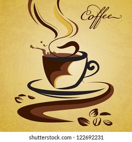 vector illustration of cup of hot coffee against grungy background