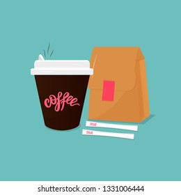 Vector illustration of cup hot coffee, paper bag, sugar on blue background. Vector illustration.Take away concept. Template as sticker , logo, poster, banner, flyer, business card