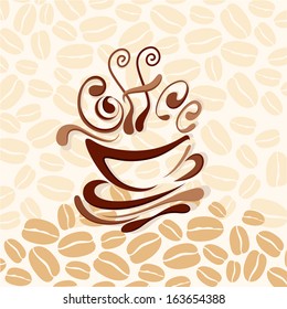 vector illustration of cup of hot coffee on beans background