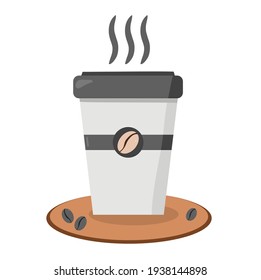 Vector illustration of a cup of hot coffee ready to drink with a brown plate surrounded by a coffee bean logo, perfect for advertising coffee products