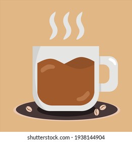 Vector illustration of a cup of hot coffee to enjoy with a brown plate surrounded by coffee beans, perfect for advertising coffee products