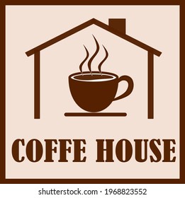 vector illustration of a cup of hot coffee inside the house. Can be used for logos for coffee shops, cafes, restaurants, etc.
