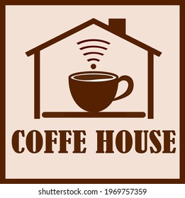 vector illustration of a cup of hot coffee inside the house and also a wifi symbol. Can be used for logos for coffee shops, cafes, restaurants, free wifi, etc. 