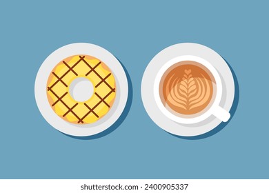 Vector illustration of a cup of hot coffee and lemon donut with chocolate. Top view of a table in a cafe. Breakfast, coffee break, sweet snack. Warm season in autumn. Hot coffee with soul.