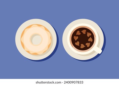 Vector illustration of a cup of hot coffee with a heart pattern and vanilla donut. Top view of a table in a cafe. Breakfast, coffee break, sweet snack. Warm season in autumn. Hot coffee with soul.
