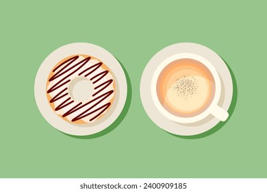 Vector illustration of a cup of hot coffee and vanilla donut with chocolate. Top view of a table in a cafe. Breakfast, coffee break, sweet snack. Warm season in autumn. Hot coffee with soul.