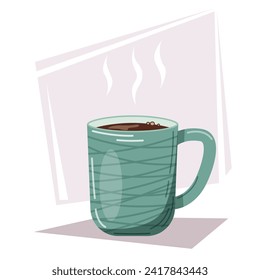 Vector illustration of a cup of hot coffee. Illustration of breakfast, food, drinks. Kitchenware. Equipment for preparing aromatic drinks.