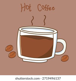 Una Ilustración vectorial de una taza de café caliente en un vaso transparente con un mango, mostrando vapor caliente que se eleva sobre él. El fondo marrón suave se mezcla con los granos de café a su alrededor, creando una sensación cálida, relajada y acogedora