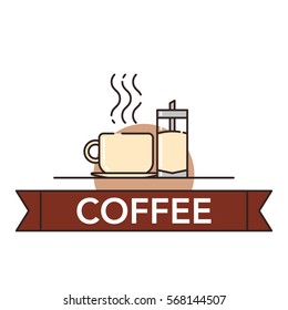 Vector illustration of a cup of hot coffee and coffee cream or milk on white background with lettering.  Coffee production and consumption topic. 