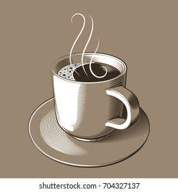 Vector illustration - a cup of hot coffee with foam and rising steam, on a saucer, on a light brown background