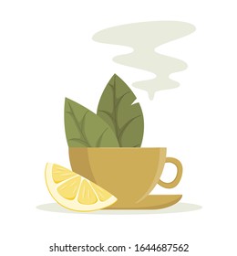 Vector illustration cup of hot tea with fresh lemon. 
