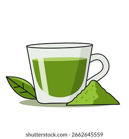 Ilustración vectorial de una taza de té verde matcha con una hoja de té y una pila de matcha en polvo, ideal para diseños de salud, orgánicos, cultura japonesa o temáticos del té