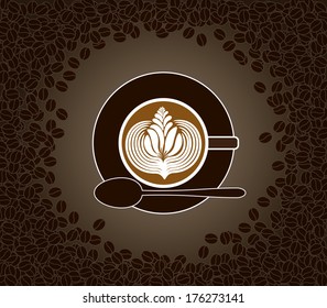 Vector illustration of cup of milk patterned cappuccino on a saucer with spoon surrounded by coffee beans