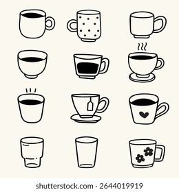 vector illustration of cup and mug doodle art set, scribble hand drawn art,icon and symbol