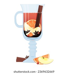 Vector illustration cup mulled wine. Mulled wine with fruit in a blue glass.