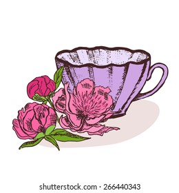 Vector illustration of a Cup with peony.Hand drawn sketch.