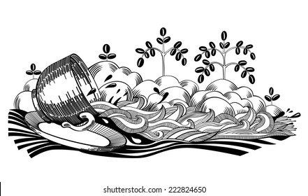 Vector illustration with cup and saucer, composition of spilling coffee creating abstract stream between cream foam like riverside and trees with coffee beans. Black and white. Vector file is EPS8.