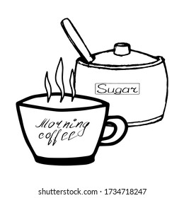 ilustración vectorial de una taza con una cuchara y cubos de azúcar.