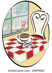 Vector illustration of a cup of a steaming cup of coffee at a window in a cafe.