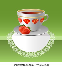 Vector Illustration. Cup of strawberry tea in a saucer on the table.